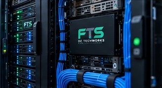 Blue network cables neatly bundled into an FTS DC TechWorks labelled rack
