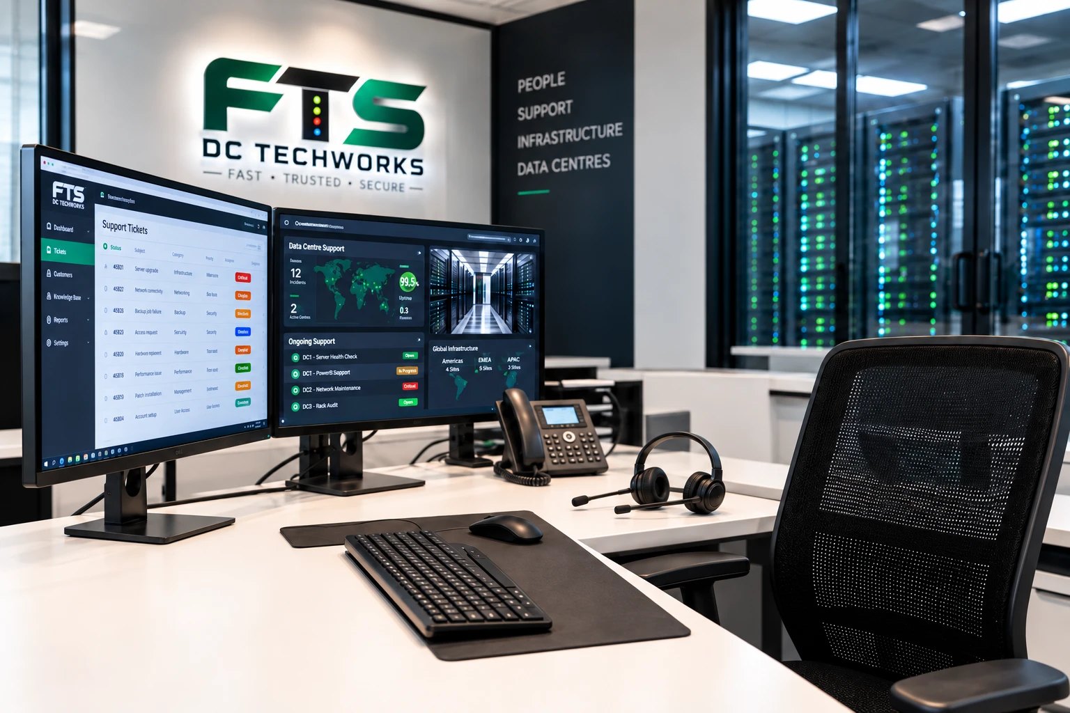 FTS DC TechWorks support desk with ticket and monitoring screens, a phone and headset, and the server room behind