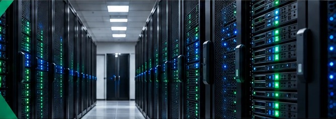 Data centre corridor between server racks
