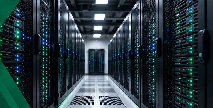 Data centre aisle lined with server racks and green status lights