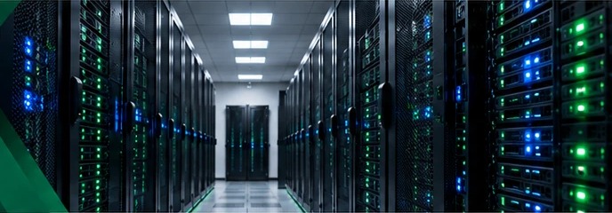Data centre corridor with rows of server racks