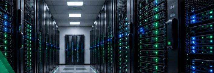 Data centre corridor with illuminated server racks
