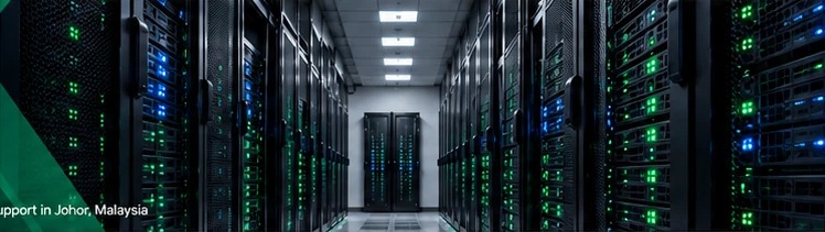 Data centre aisle with illuminated server racks