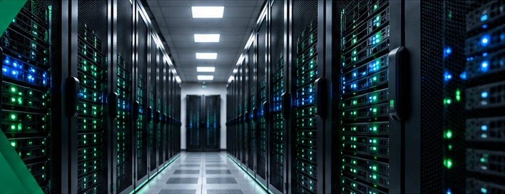 Server racks with blue and green indicator lights along a data centre aisle