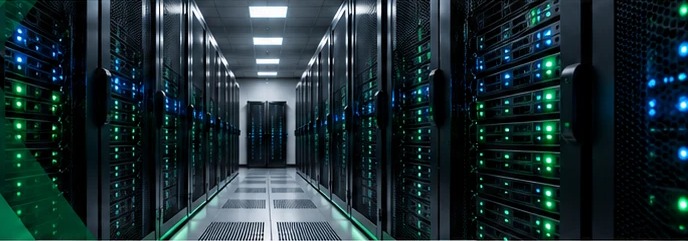 Data centre corridor with rows of server racks