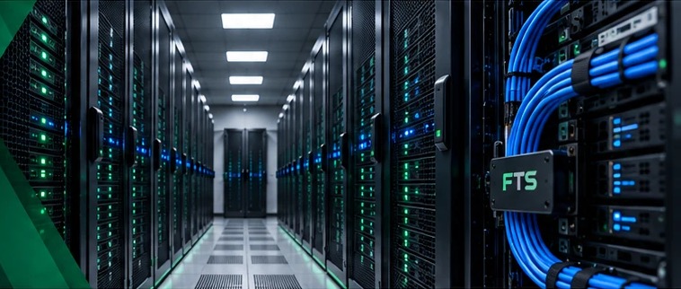 Server corridor with blue patch cables routed into an FTS labelled rack