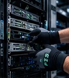 Technician working on networking equipment in a rack