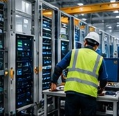 Engineer in a hard hat and hi-vis vest at an industrial equipment rack
