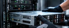 Technician sliding a rack-mount server into a cabinet