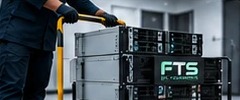 Rack-mount equipment on a trolley being moved through a data centre